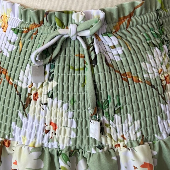 Retro Pale Green Floral Shirred High Waist Drawstring Beach Skirt - Picture 9 of 16